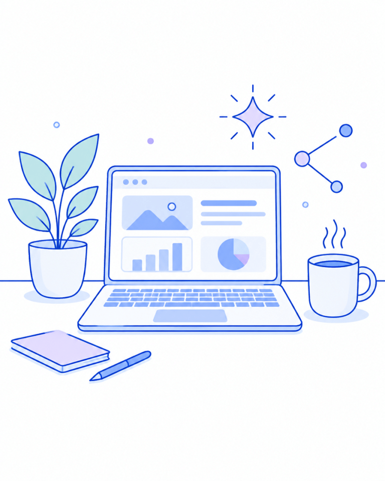 Line-art illustration of a tidy desk with laptop, coffee and plant