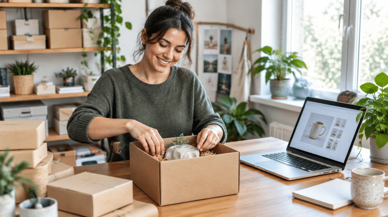 Online store owner packing an order beside her laptop