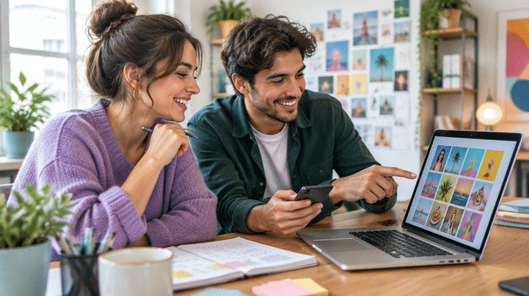 Two marketers planning social media content together