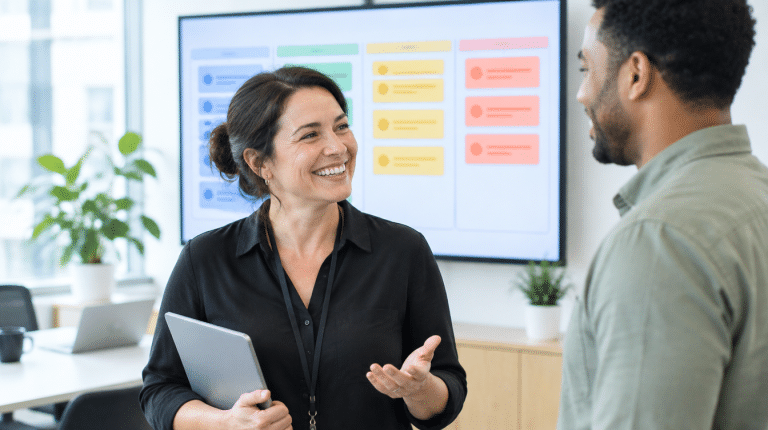 Operations manager and teammate reviewing a workflow board