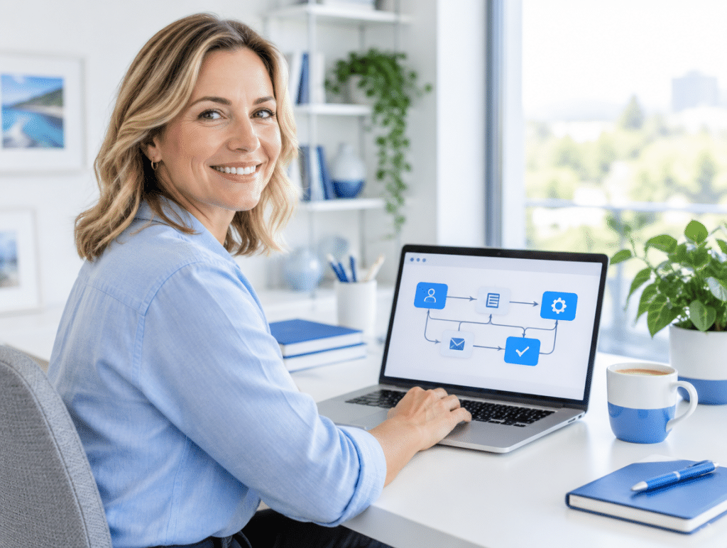 Business owner smiling at a laptop showing a simple AI workflow