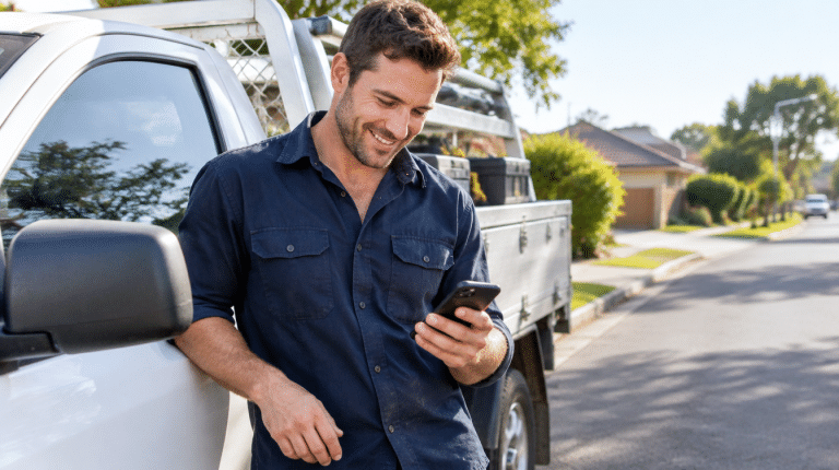 Tradesman checking a job quote on his phone beside his ute