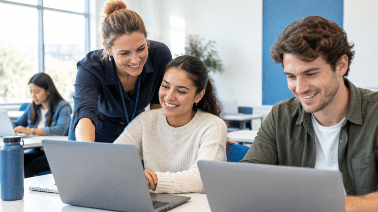Trainer helping adult students at laptops in a bright classroom