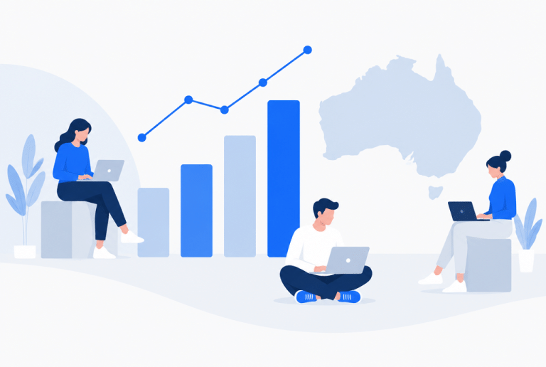 Charts beside a map of Australia with people using laptops