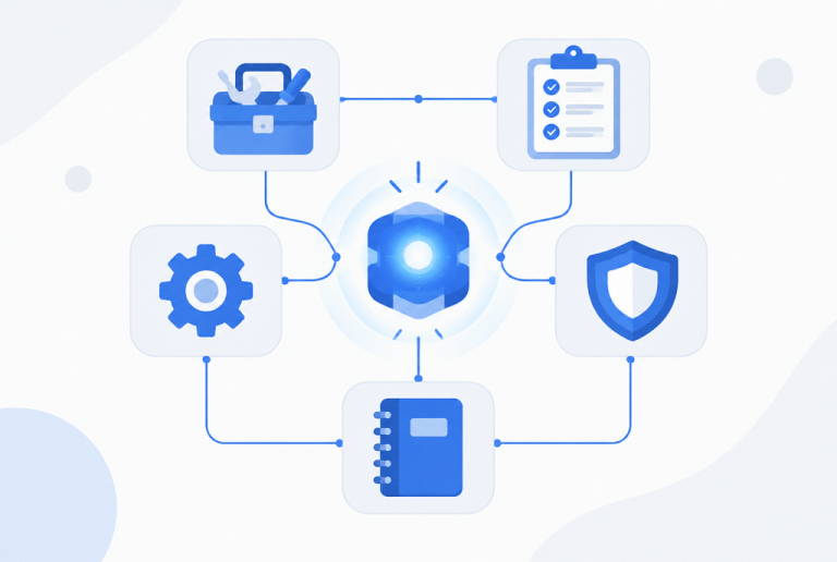 AI core surrounded by connected tool, checklist, shield and notebook modules