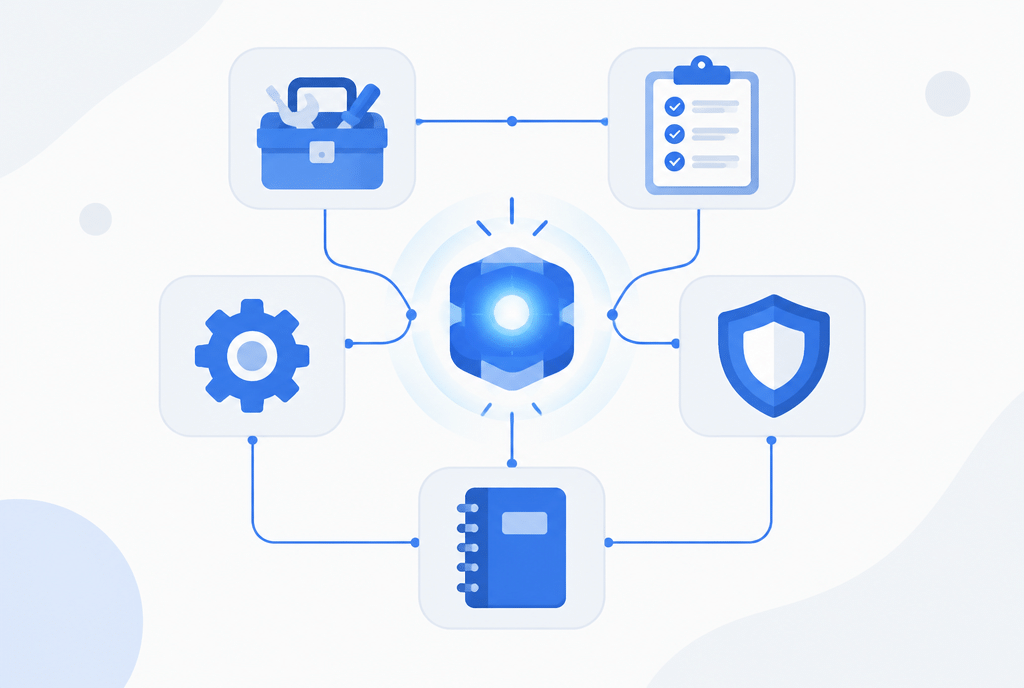 AI core surrounded by connected tool, checklist, shield and notebook modules