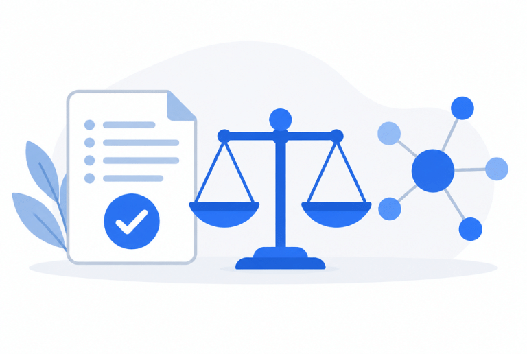 Document with a tick, balanced scale and connected nodes