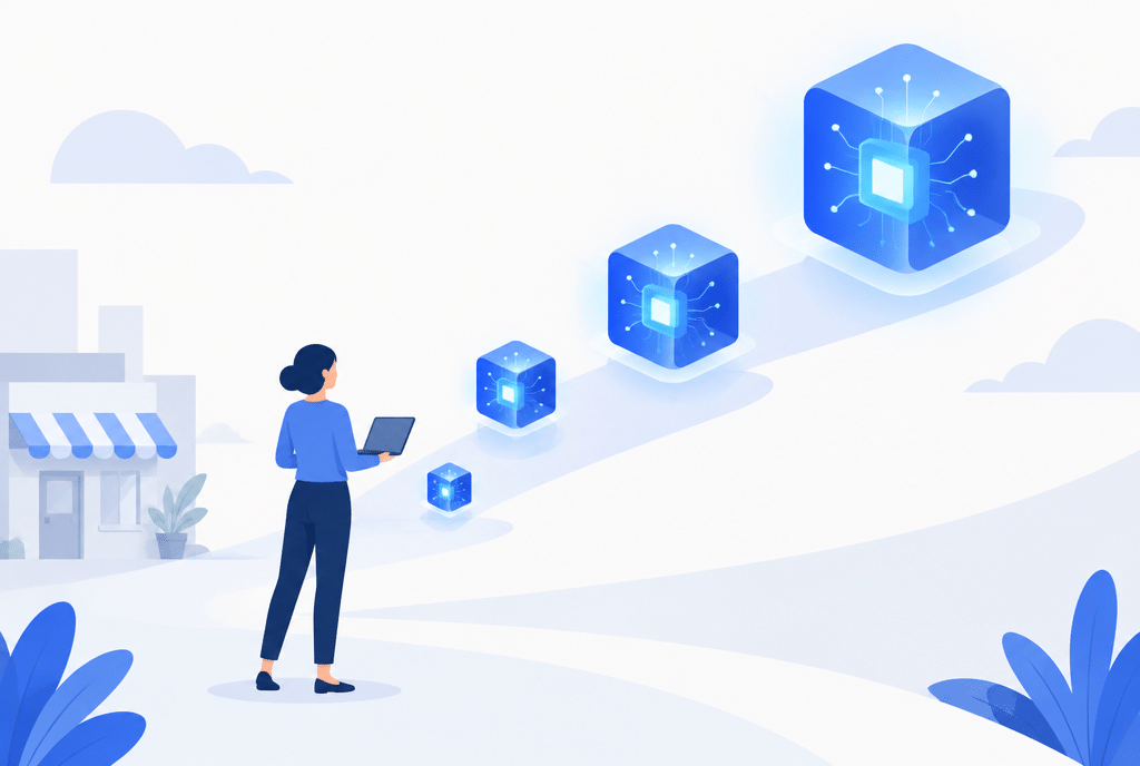 Abstract AI blocks along a path with a business owner holding a laptop