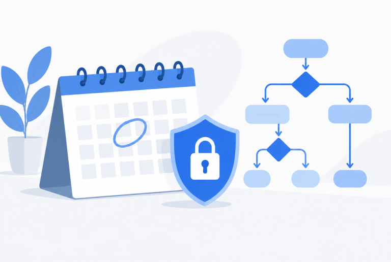 Calendar, privacy shield and decision flow chart