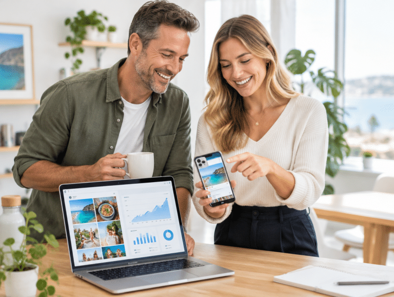 Business owner and marketer reviewing social media content and results