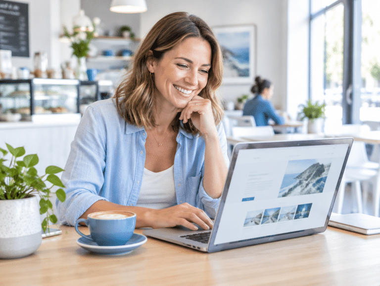 Small business owner smiling at her new website on a laptop